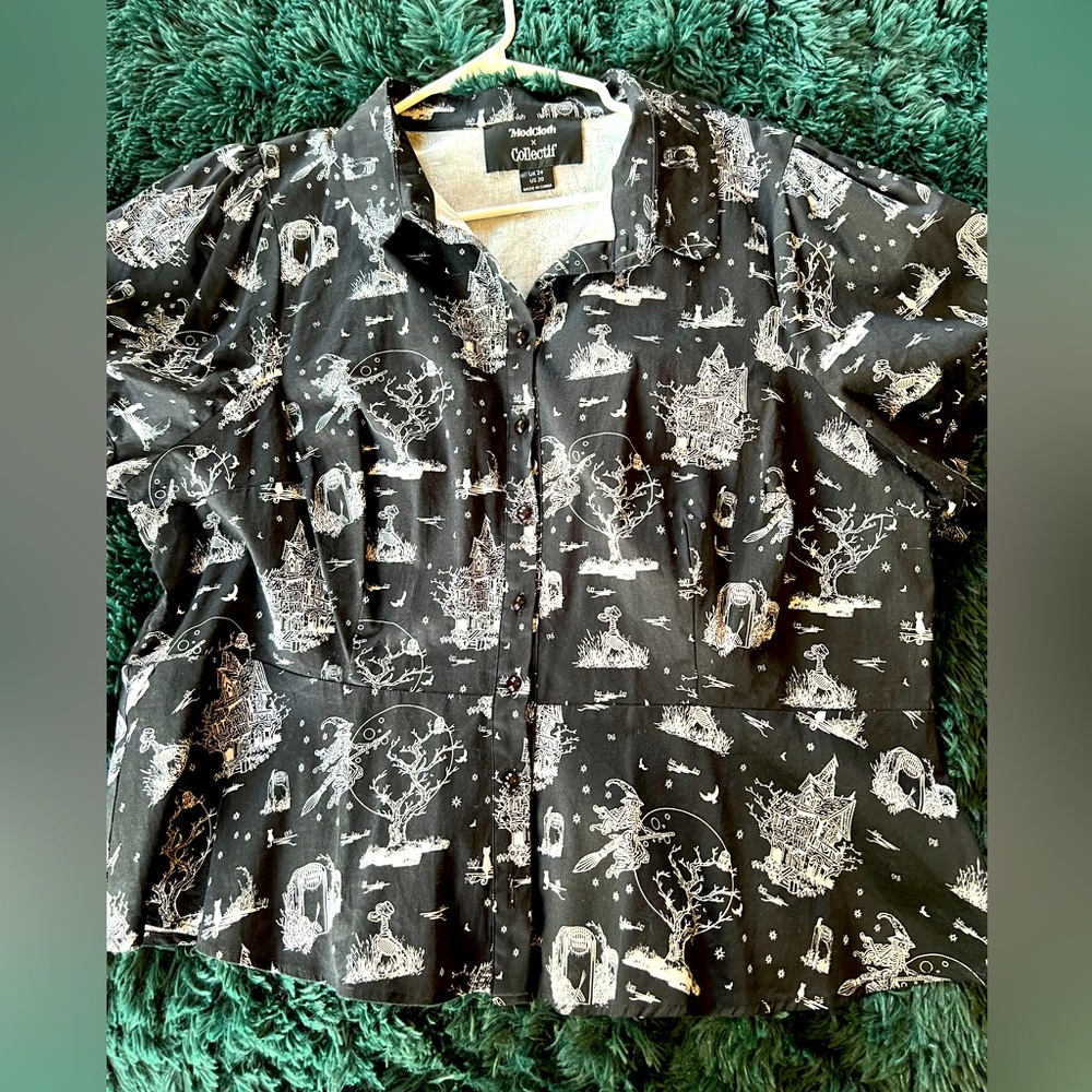 Haunted house/witch Halloween print ModCloth shirt size 20